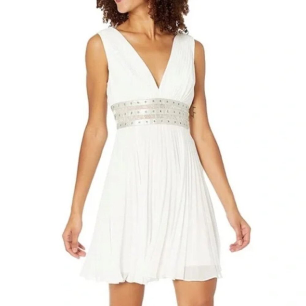 BCBG White & Silver Flowy V-neck Mini Dress - size 6